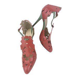 Camilla Elphick Leather Floral Cut Out Pink Green D'orsay Stiletto Heels 38/7.5